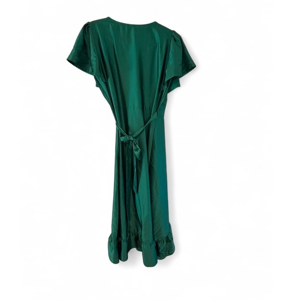 Mi Ami Francesca’s Green Satin Wrap Midi Dress Flutter Sleeve Ruffle Hem Size M - Picture 4 of 13